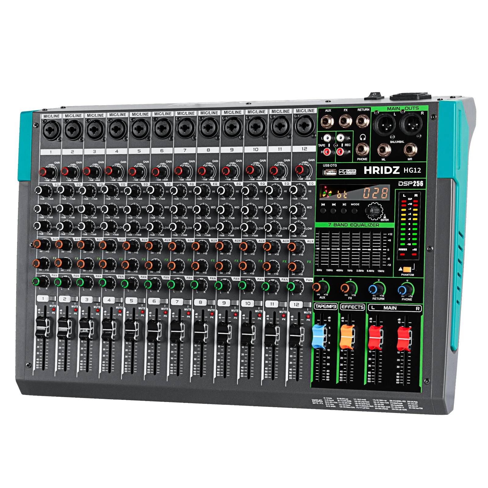 Hridz 12 Channel Professional Audio Mixer Console with Bluetooth, USB, 7-Band Equalizer, DSP Effects - HG12