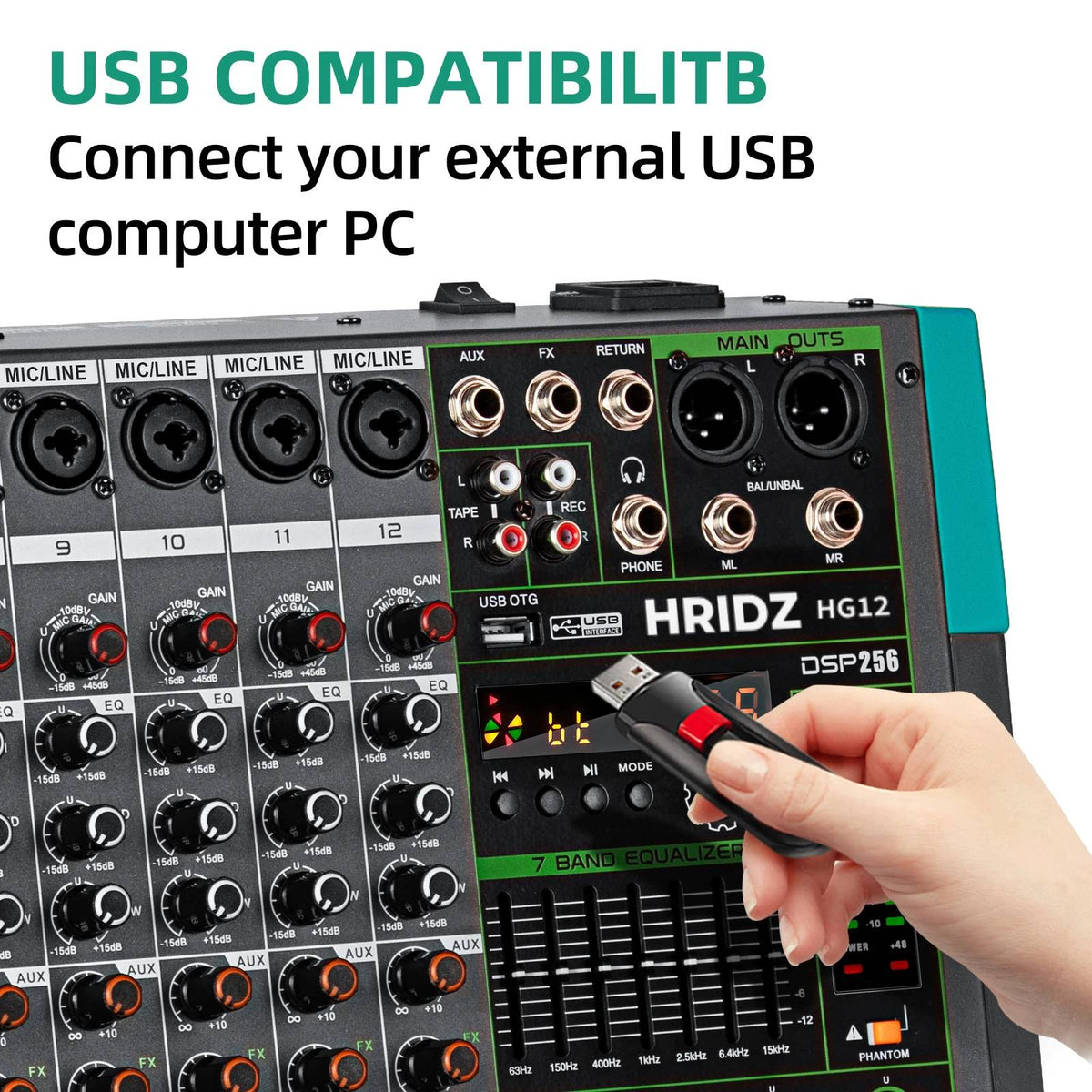 Hridz 16 Channel Professional Audio Mixer Console with Bluetooth, USB, 7-Band Equalizer, DSP Effects- HG16