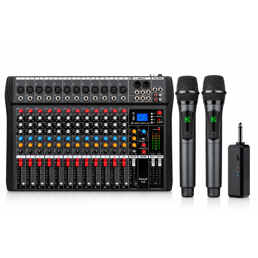 Hridz CT-120S 12-channel Bluetooth mixer and U8 dual wireless microphone bundle