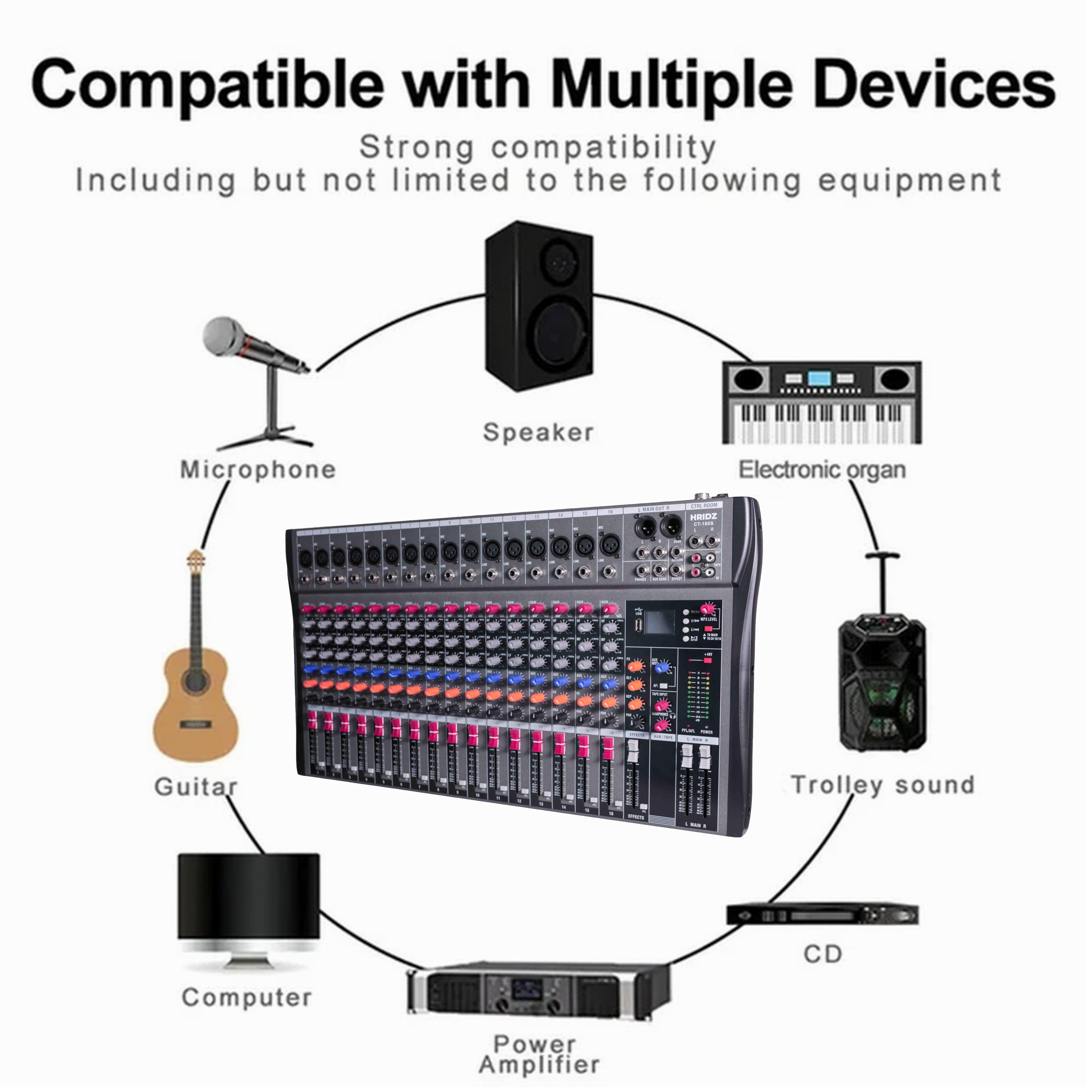 Hridz 16 Channel Professional Audio Mixer - USB Interface, Bluetooth & 48V Phantom Power for Studio, DJ, Karaoke & Live Stage