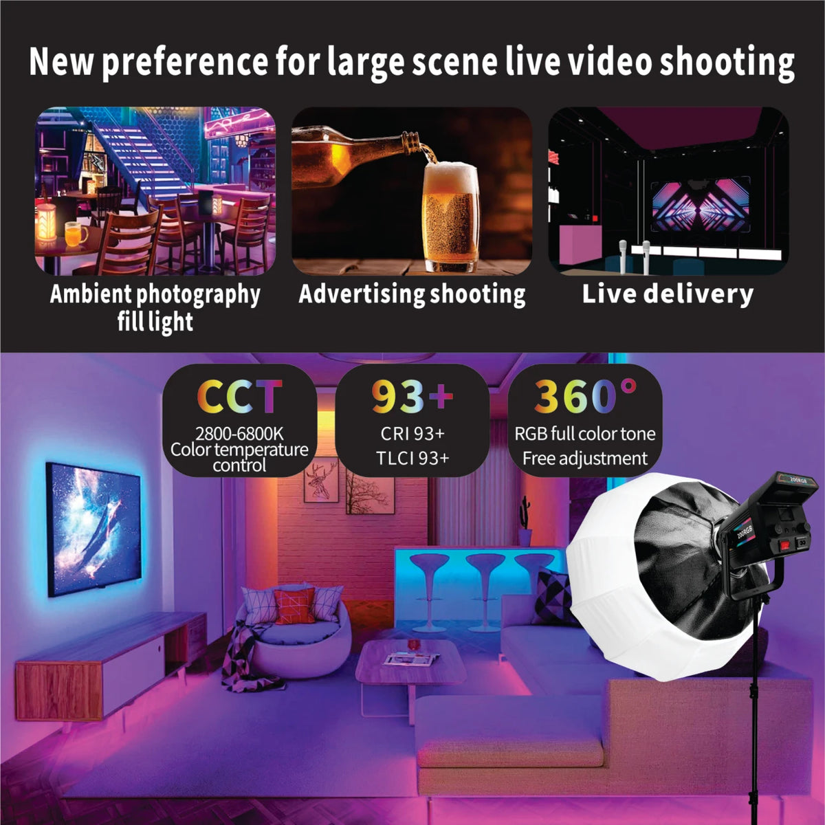 Hridz 200W RGB COB LED Video Light with Remote Control – 2800K-6800K Studio Lighting