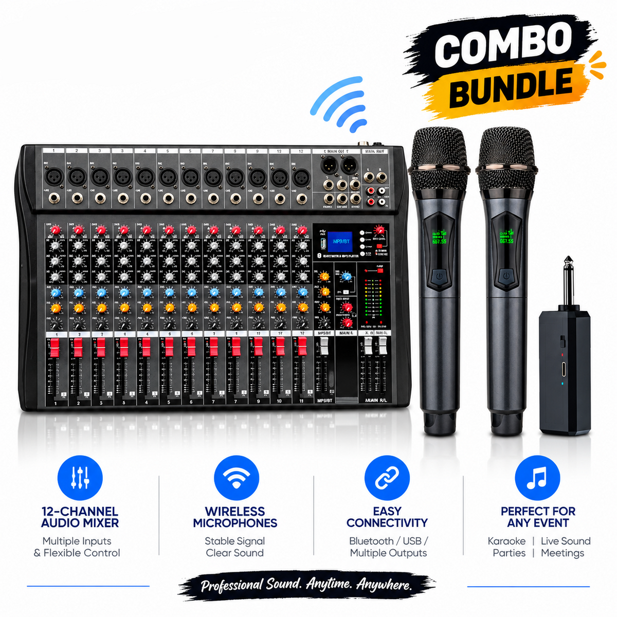 Hridz CT-120S 12-Channel Bluetooth Mixer & U8 Dual Wireless Mic Bundle – 48V Phantom Power, USB, Karaoke & DJ Combo