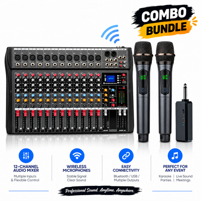 Hridz CT-120S mixer and U8 wireless microphone bundle for karaoke, DJ and live events