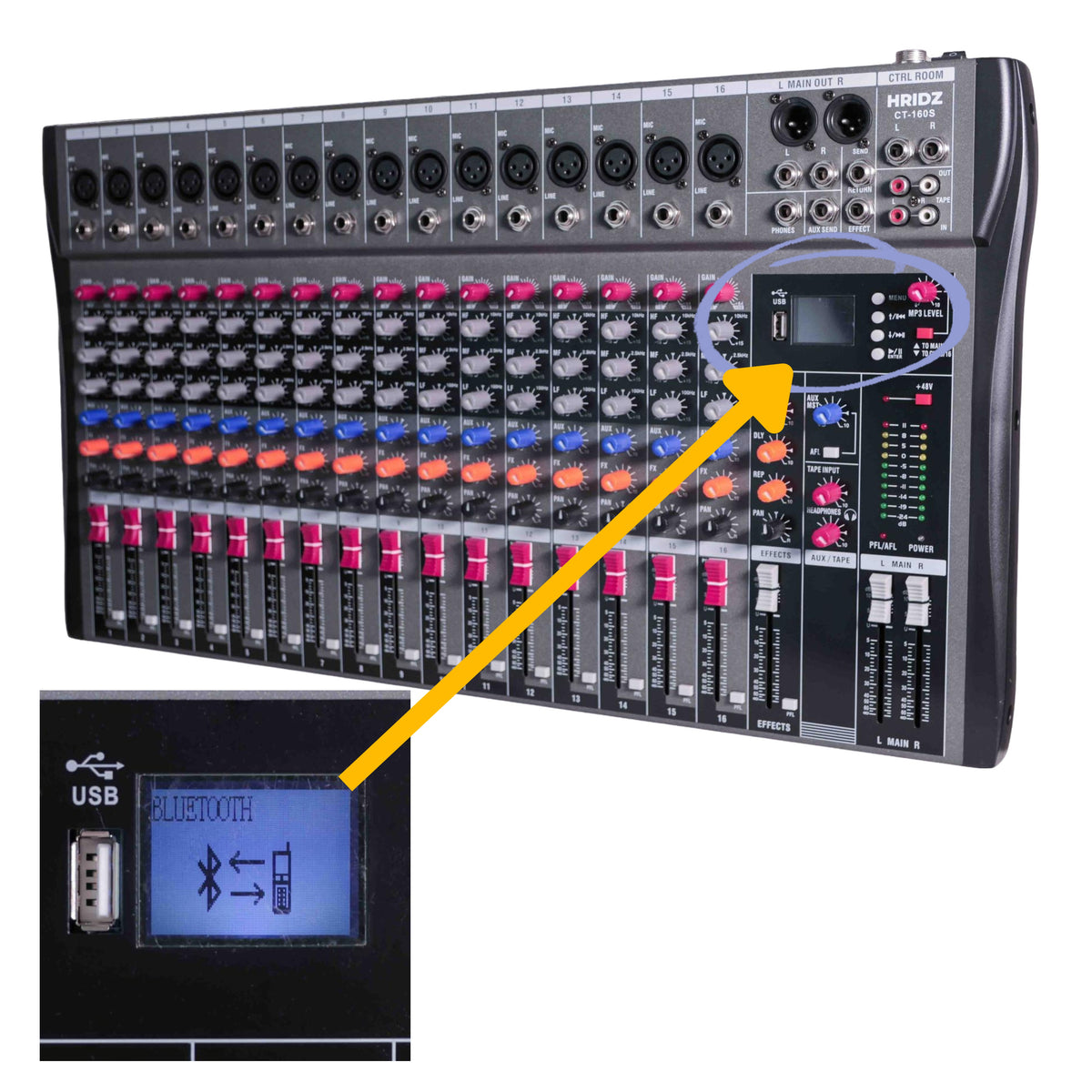 Hridz CT-160S 16-Channel Bluetooth Audio Mixer with USB & 48V Phantom Power