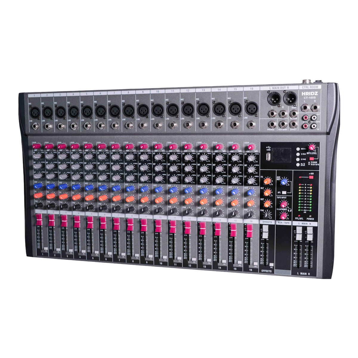 Hridz CT-160S 16-Channel Bluetooth Audio Mixer with USB & 48V Phantom Power