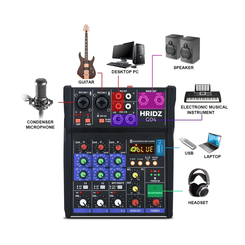 Hridz G04 4-Channel Audio Mixer with UHF Wireless Microphone — Bluetooth DJ & Karaoke Console