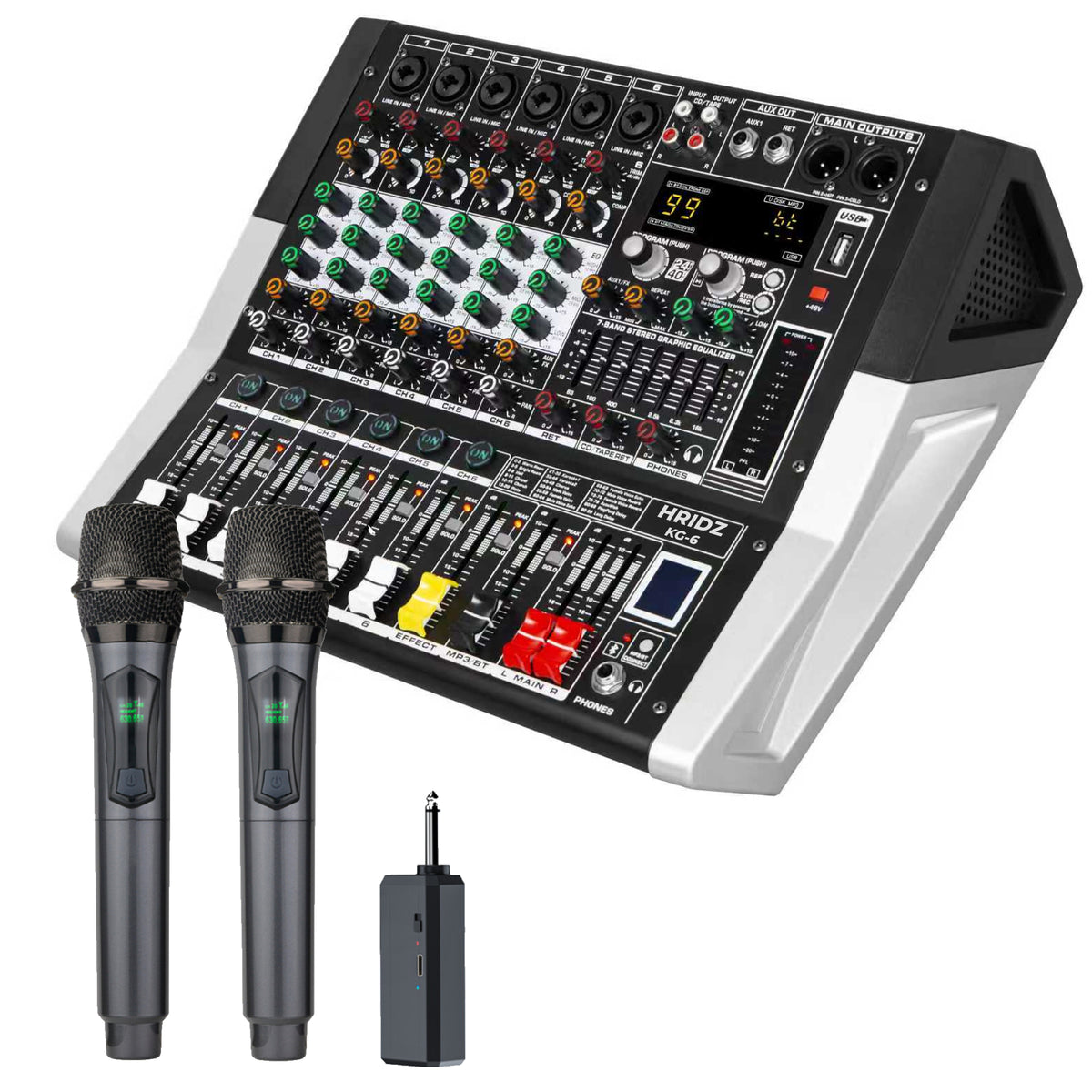Hridz KG-6 Powered Mixer & U8 Dual Wireless Mic Bundle, 600W × 2