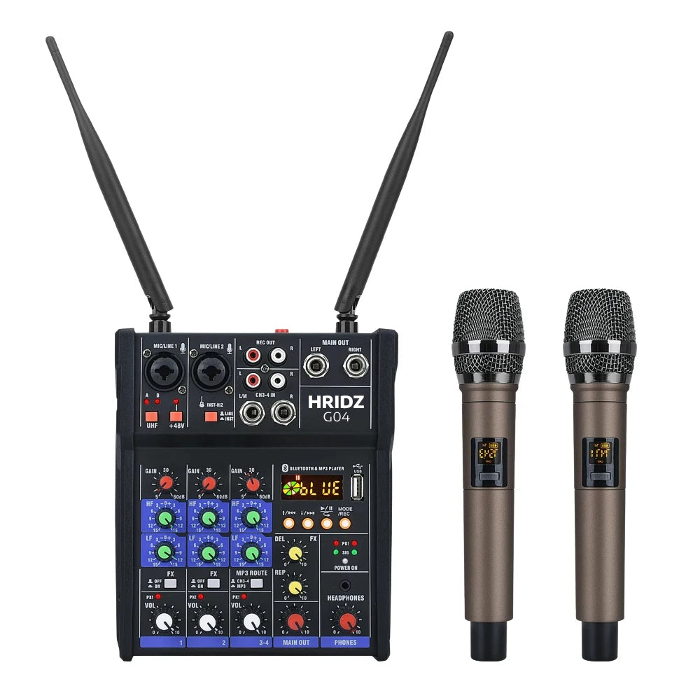 Hridz Karaoke Machine – 4-Channel Audio Mixer with 2 Wireless Mics, Bluetooth & Echo Effects