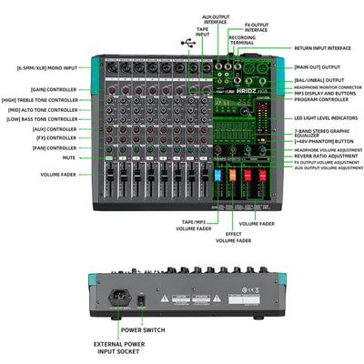 Hridz 8 Channel Professional Audio Mixer Console with Bluetooth, USB, 7 Band Equalizer & DSP Effects - HG8