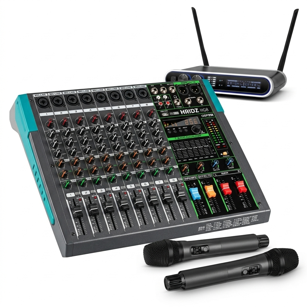 Hridz Pro Audio Mixer Combo: HG8 8-Channel Stereo Mixer & UR-109 PRO Dual Wireless Microphones