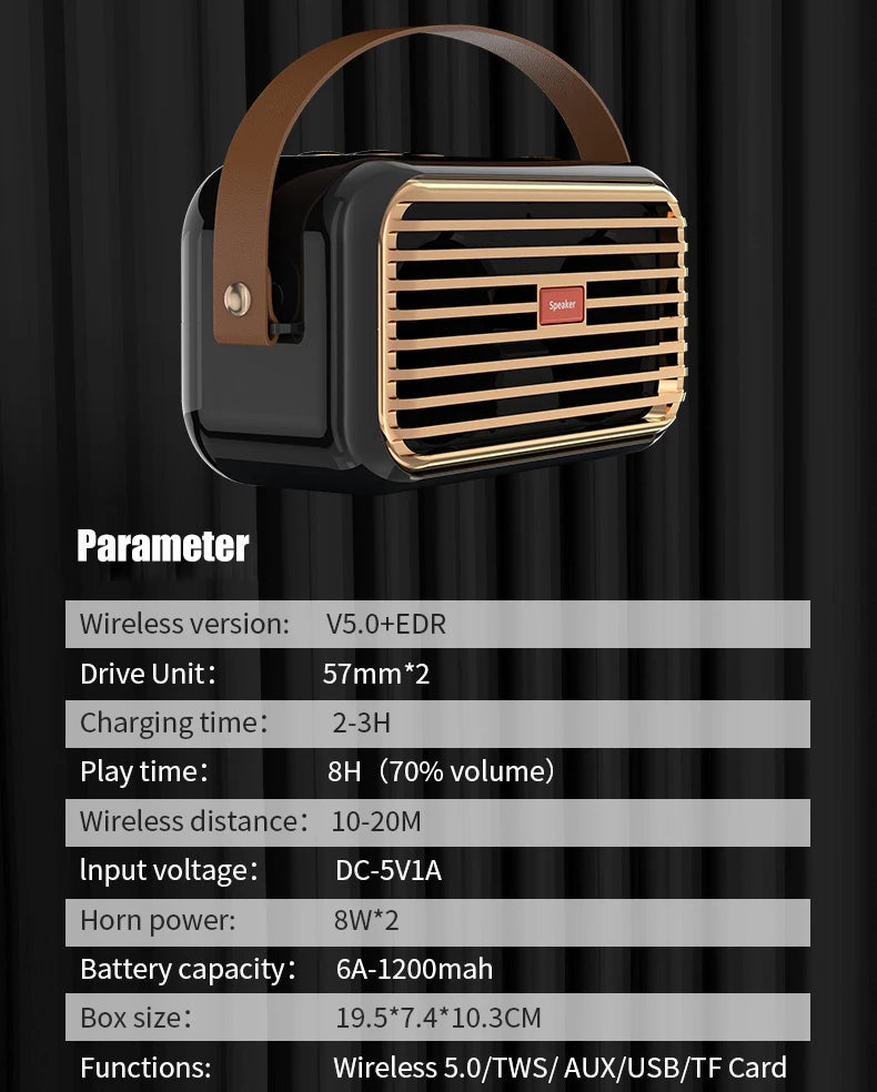 Hridz Retro Portable Bluetooth 5.0 Speaker – Stereo HiFi Sound, 1200mAh Battery, AUX & USB