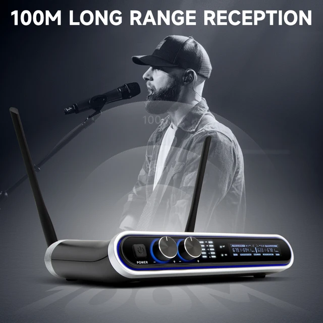 Hridz UR-109 PRO Dual UHF Wireless Microphone System – 100m Range for Karaoke & Events